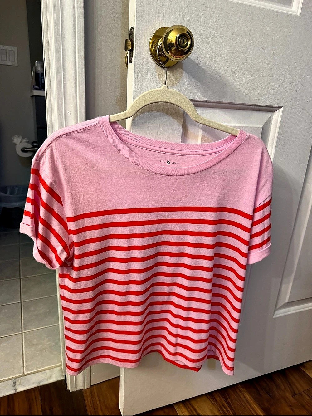 Lou & Grey Striped Short Sleeve Tee in Pink & Red Size Small
